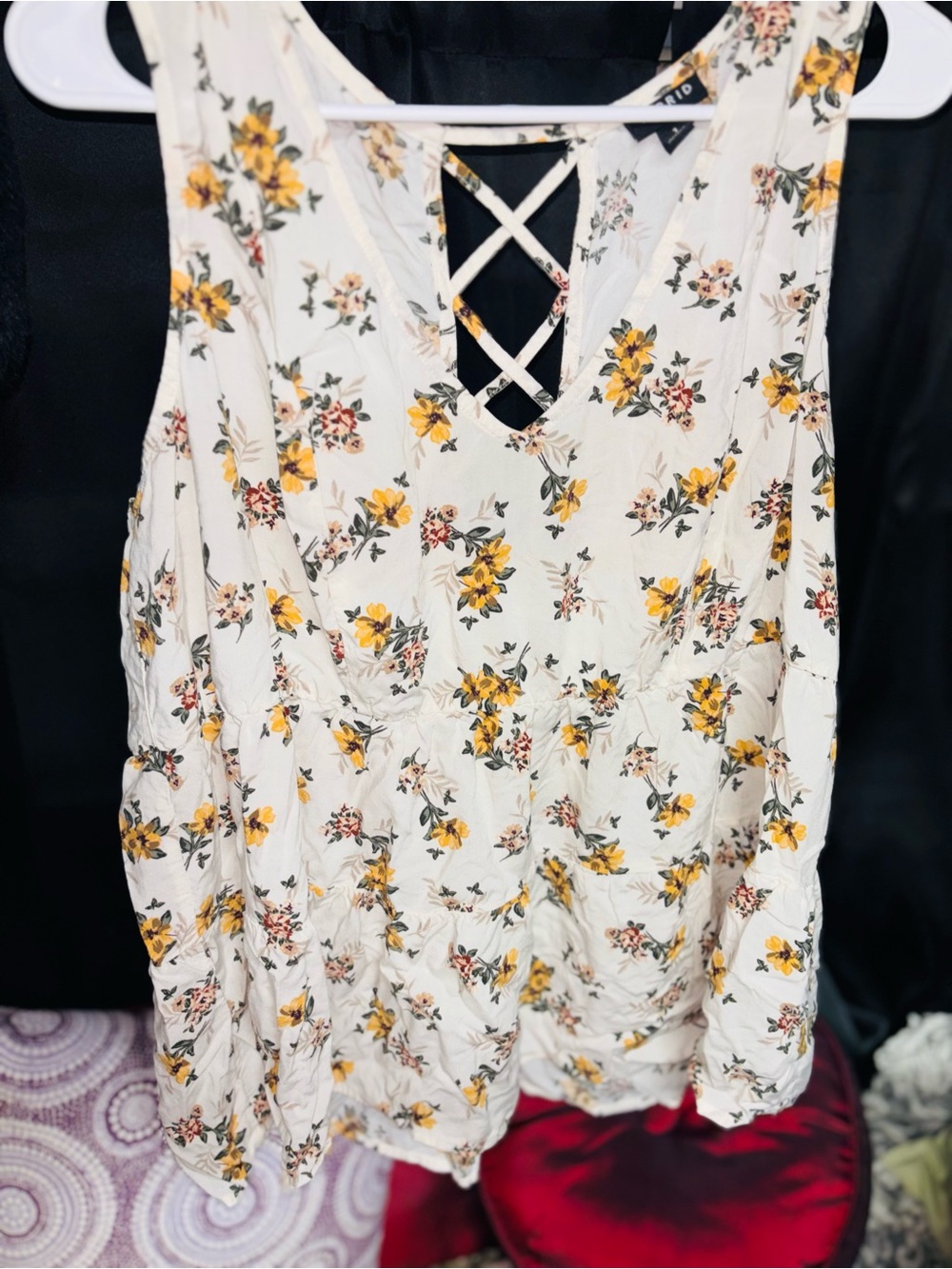 torrid White Floral Crisscross V-Neck Cami with Yellow Flowers